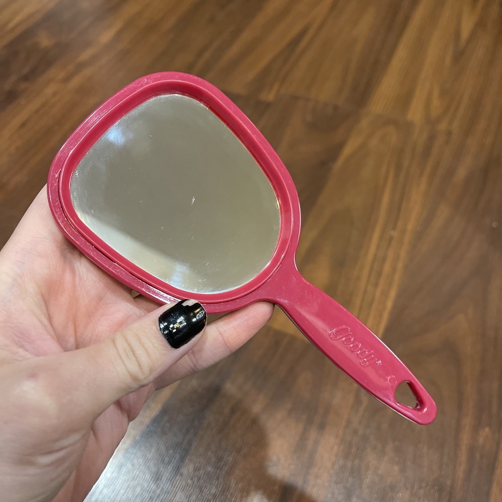 Vintage Goody Mini Hand Mirror Handle Pink Plastic Made In‎ USA 6"x3" Travel